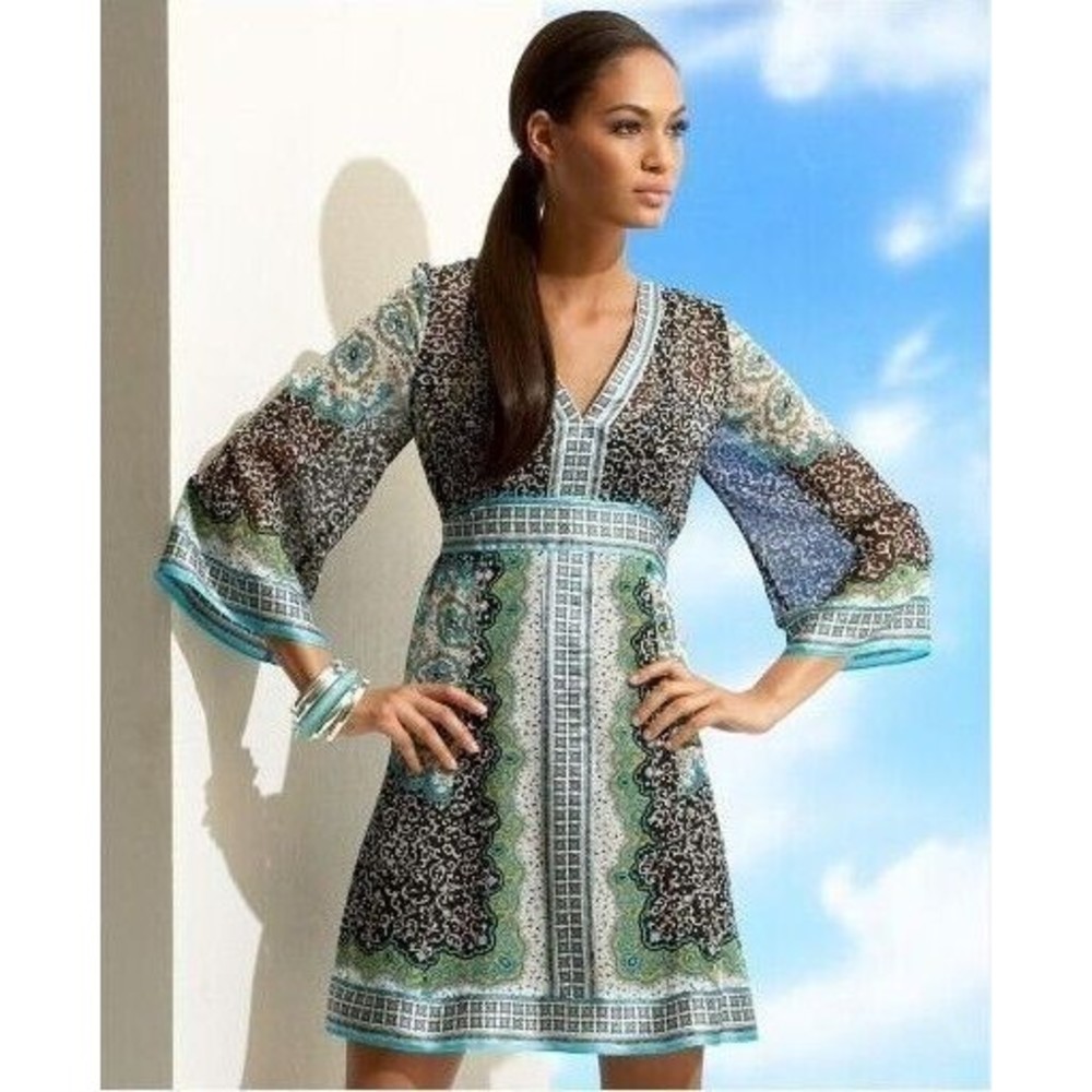 ECI New York Dress Women's 4 Silk Sheer 3/4 Sleeve Black Blue Gray Boho dress